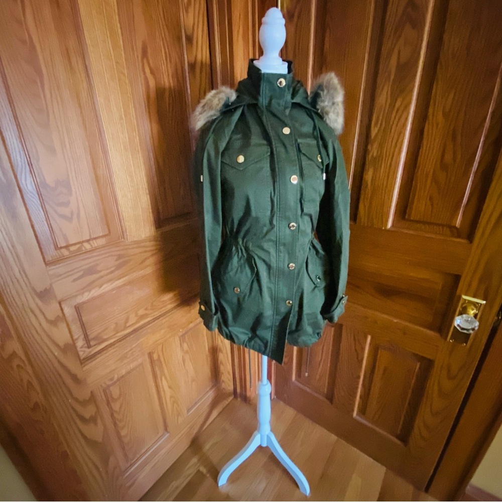 Michael Kors Dark Green Utility Jacket with Faux Fur Trim